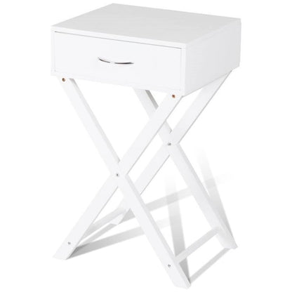 Mesa de Noche/Auxiliar con Almacenamiento de 1 Cajón en Forma de X, Color Blanco