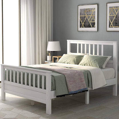 Cabecero y piecero de cama de plataforma con listones de madera de pino blanco, tamaño matrimonial