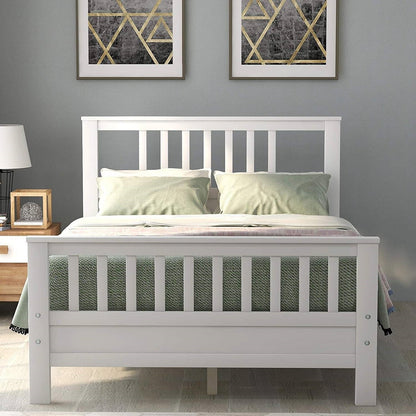 Cabecero y piecero de cama de plataforma con listones de madera de pino blanco, tamaño matrimonial