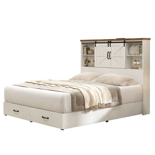 Full White Farmhouse Platform Bed with Bookcase Headboard and Storage Drawers