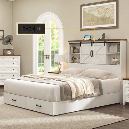 Full White Farmhouse Platform Bed with Bookcase Headboard and Storage Drawers