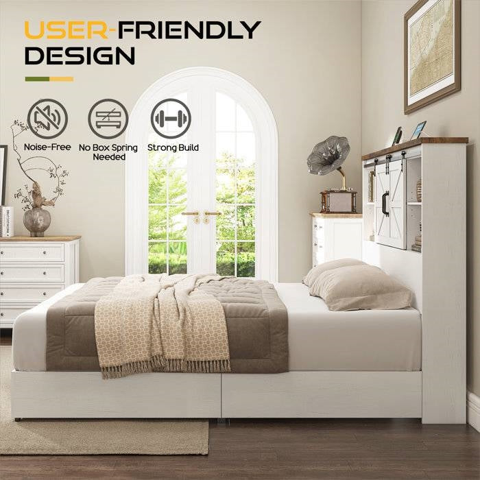 Full White Farmhouse Platform Bed with Bookcase Headboard and Storage Drawers