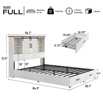 Full White Farmhouse Platform Bed with Bookcase Headboard and Storage Drawers