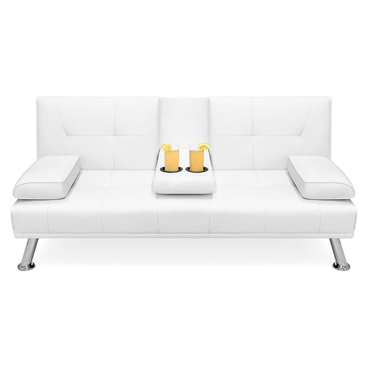 White Faux Leather Convertible Sofa Futon with 2 Cup Holders - Tampa Home & Garden Store