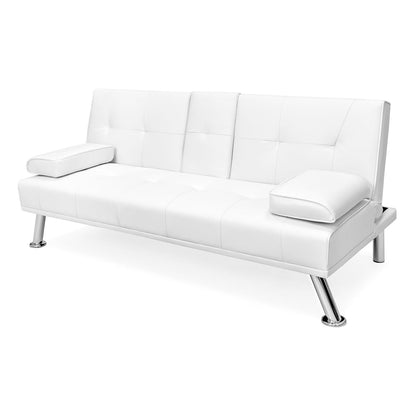 Sofá futón convertible de piel sintética blanca con 2 portavasos