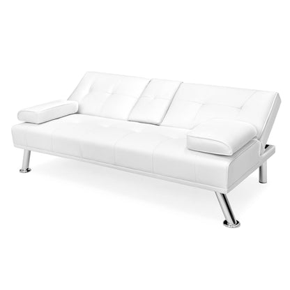 Sofá futón convertible de piel sintética blanca con 2 portavasos