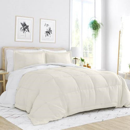 Juego de edredón reversible de microfibra de 3 piezas tamaño Matrimonial/Queen en blanco y crema