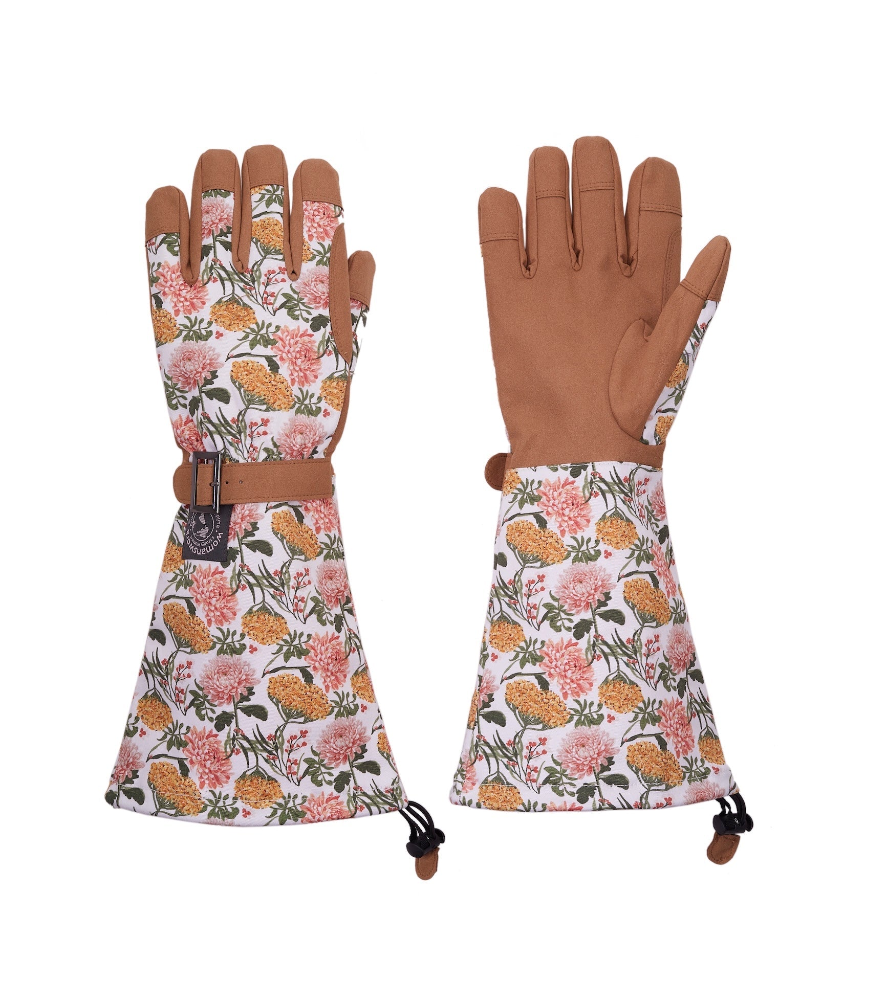 Arm Saver Gloves by Womanswork, floral cuff gardening gloves with brown suede palms, pair on Tampa Home & Garden Store