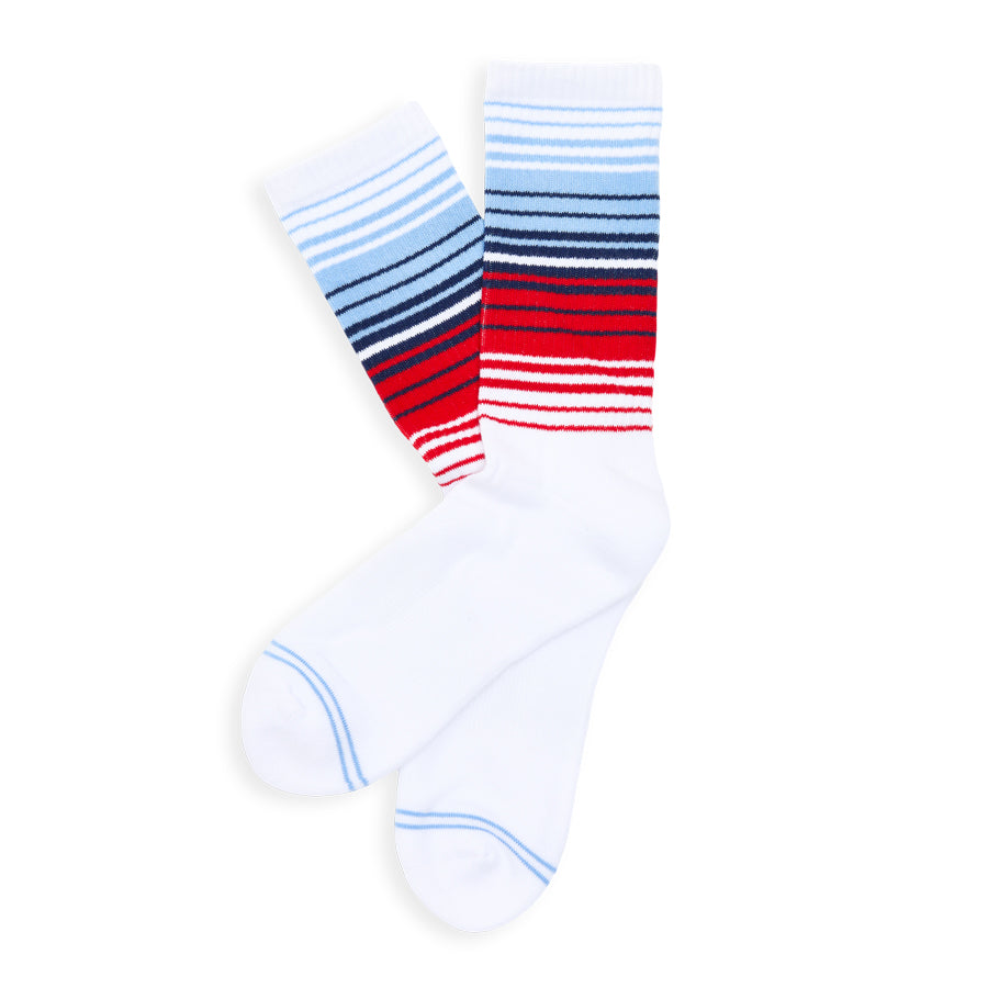 White Ombre Stripe Crew Socks by DeadSoxy pair with blue cuffs and red stripes on white bases on Tampa Home & Garden Store