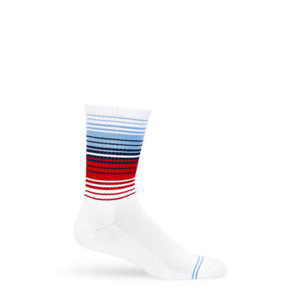 White Ombre Stripe Casual Crew sock with light blue to navy stripes and red band by DeadSoxy on Tampa Home & Garden Store