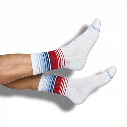DeadSoxy White Ombre Stripe Casual Crew sock, team colorways, blue cuff stripes on Tampa Home & Garden Store