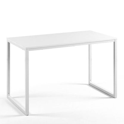 Escritorio moderno para oficina en casa con estructura de metal blanco y superficie de madera