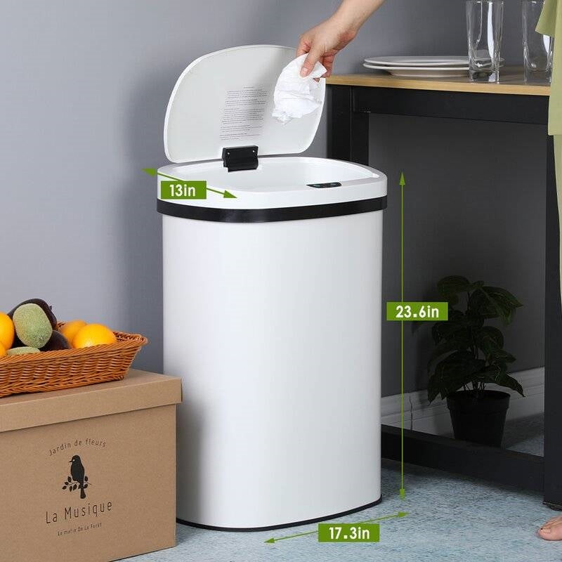 Bote de basura de acero inoxidable con sensor de movimiento de 13 L, blanco