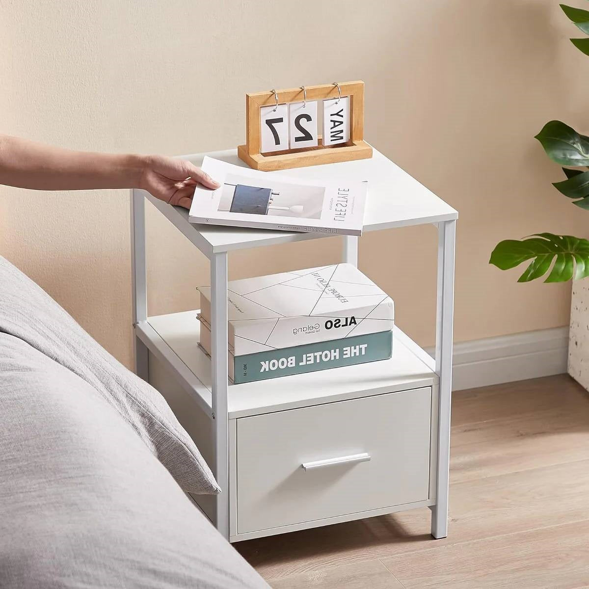 Juego de 2 - Mesa Auxiliar de Noche Moderna Blanca de Metal y Madera con Cajón de Almacenamiento