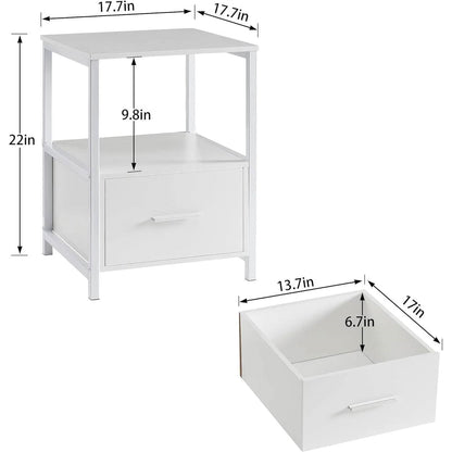 Juego de 2 - Mesa Auxiliar de Noche Moderna Blanca de Metal y Madera con Cajón de Almacenamiento