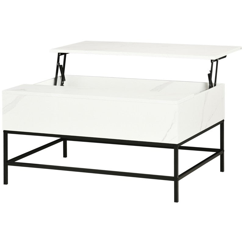 Mesa de centro moderna blanca con superficie elevable, almacenaje oculto y patas de metal negro