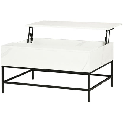 Mesa de centro moderna blanca con superficie elevable, almacenaje oculto y patas de metal negro
