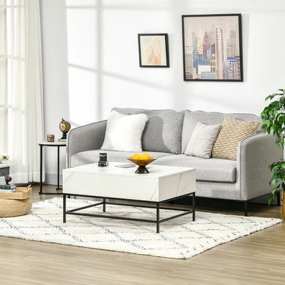 Mesa de centro moderna blanca con superficie elevable, almacenaje oculto y patas de metal negro