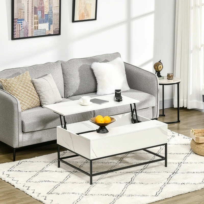 Mesa de centro moderna blanca con superficie elevable, almacenaje oculto y patas de metal negro