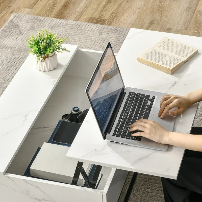 Mesa de centro moderna blanca con superficie elevable, almacenaje oculto y patas de metal negro