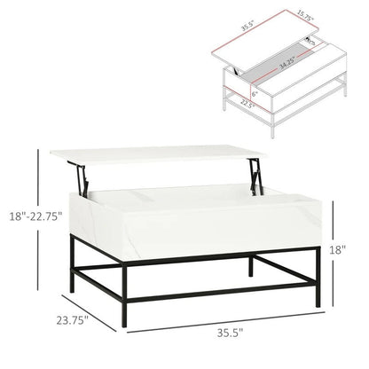 Mesa de centro moderna blanca con superficie elevable, almacenaje oculto y patas de metal negro