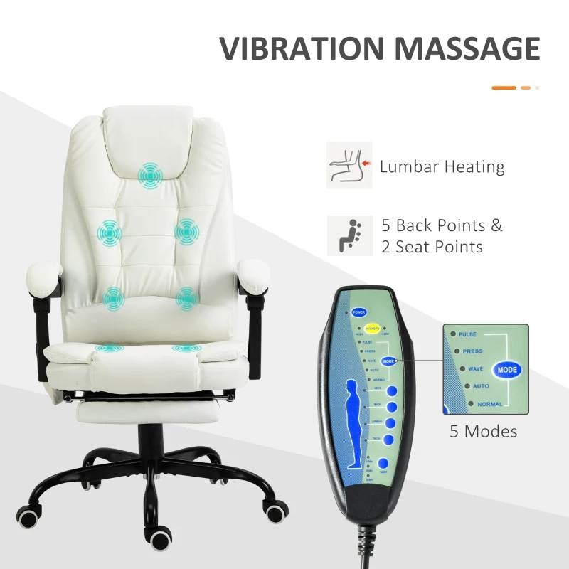 Silla de oficina ejecutiva de masaje, ajustable, de respaldo alto, vibratoria, 7 modos, blanca