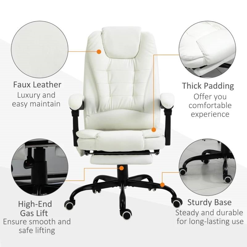 Silla de oficina ejecutiva de masaje, ajustable, de respaldo alto, vibratoria, 7 modos, blanca