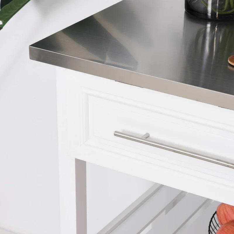 Isla de cocina rodante blanca, 2 cajones de almacenamiento con cubierta de acero inoxidable