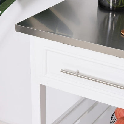 Isla de cocina rodante blanca, 2 cajones de almacenamiento con cubierta de acero inoxidable