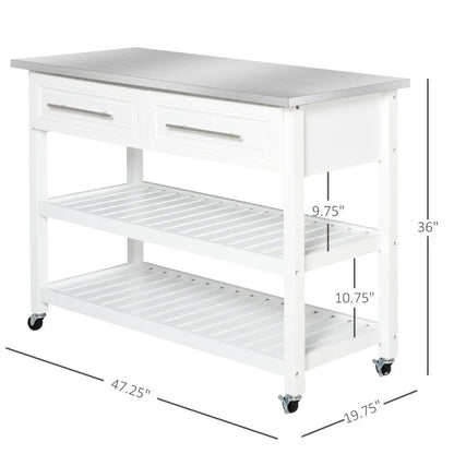 Isla de cocina rodante blanca, 2 cajones de almacenamiento con cubierta de acero inoxidable