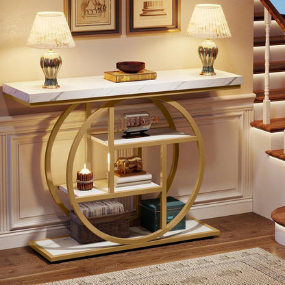 Modern Round Gold Metal Frame Foyer Console Table with White Faux Marble Shelves