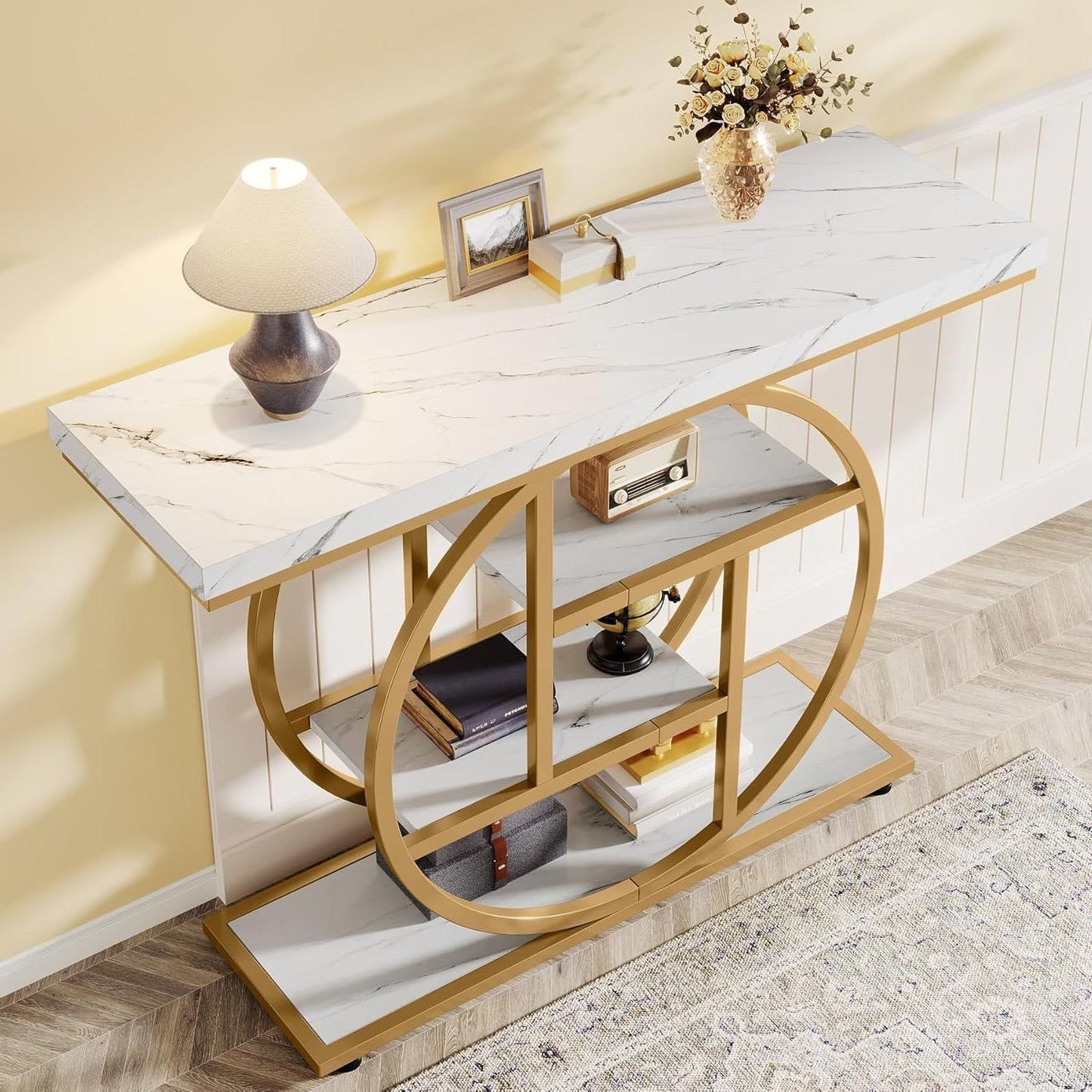 Modern Round Gold Metal Frame Foyer Console Table with White Faux Marble Shelves
