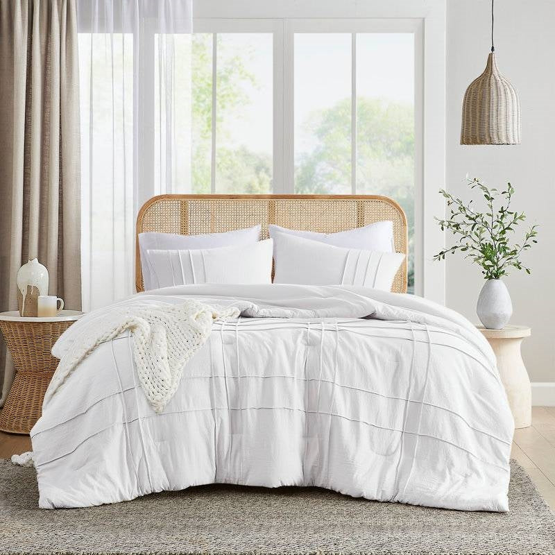Juego de edredón con pliegues, microfibra suave lavada, tamaño Twin/Twin XL, color blanco
