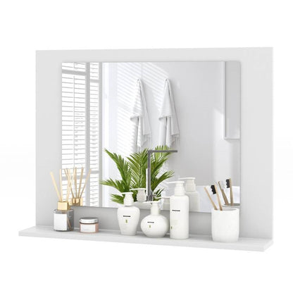 Espejo de baño rectangular con estante y marco de madera blanca