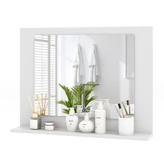 Rectangular Bathroom Wall Mirror with Storage Shelf and White Wood Frame - Tampa Home & Garden Store