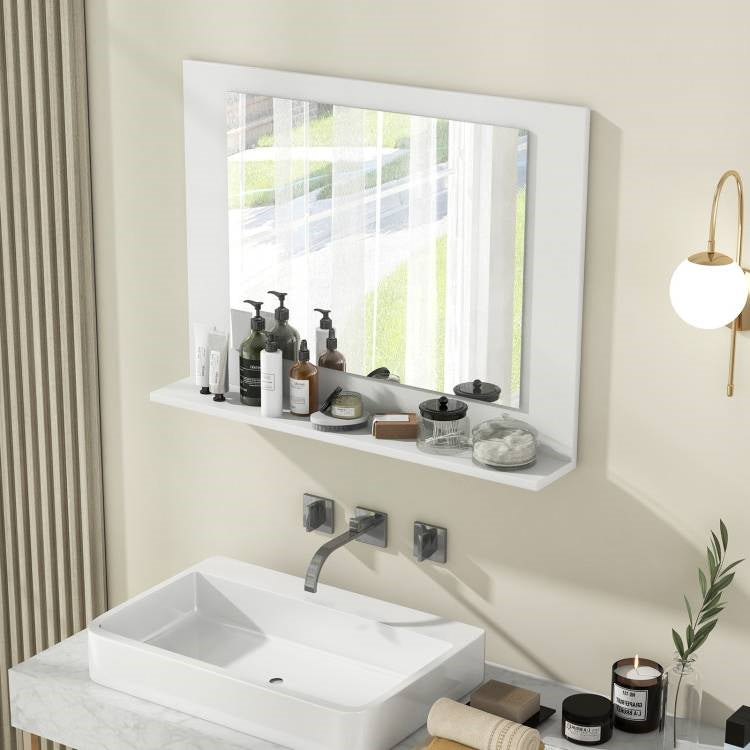 Espejo de baño rectangular con estante y marco de madera blanca