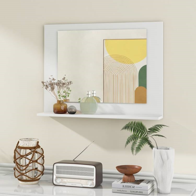 Espejo de baño rectangular con estante y marco de madera blanca