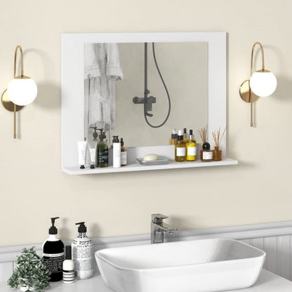 Espejo de baño rectangular con estante y marco de madera blanca