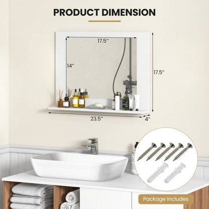 Espejo de baño rectangular con estante y marco de madera blanca