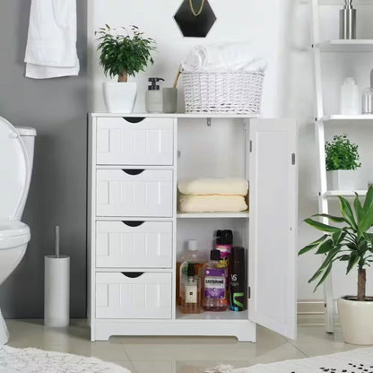 Gabinete de lino de baño con 4 cajones de estilo rústico moderno en acabado de madera blanca