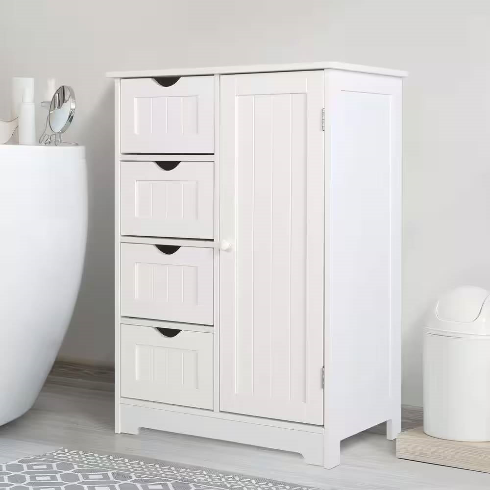 Gabinete de lino de baño con 4 cajones de estilo rústico moderno en acabado de madera blanca
