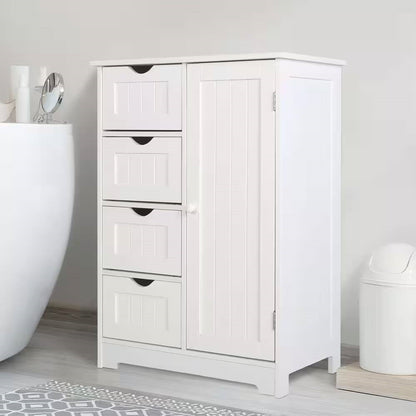 Gabinete de lino de baño con 4 cajones de estilo rústico moderno en acabado de madera blanca