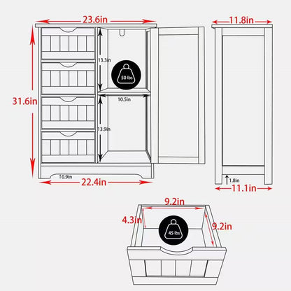 Gabinete de lino de baño con 4 cajones de estilo rústico moderno en acabado de madera blanca