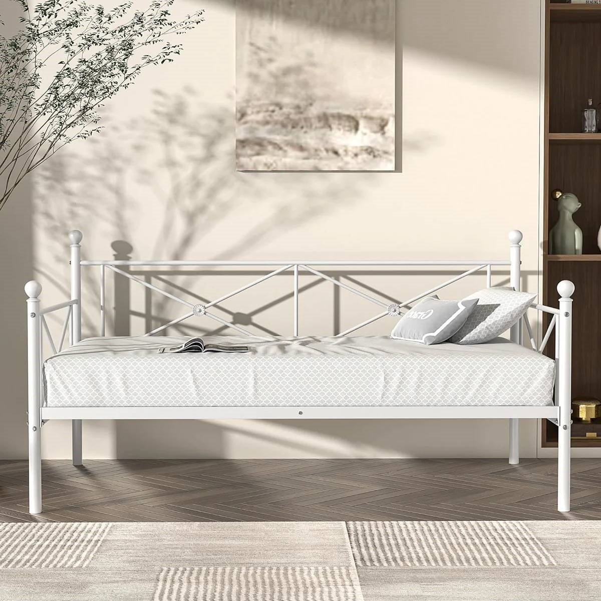 Base de cama nido de metal resistente tamaño individual con acabado blanco clásico