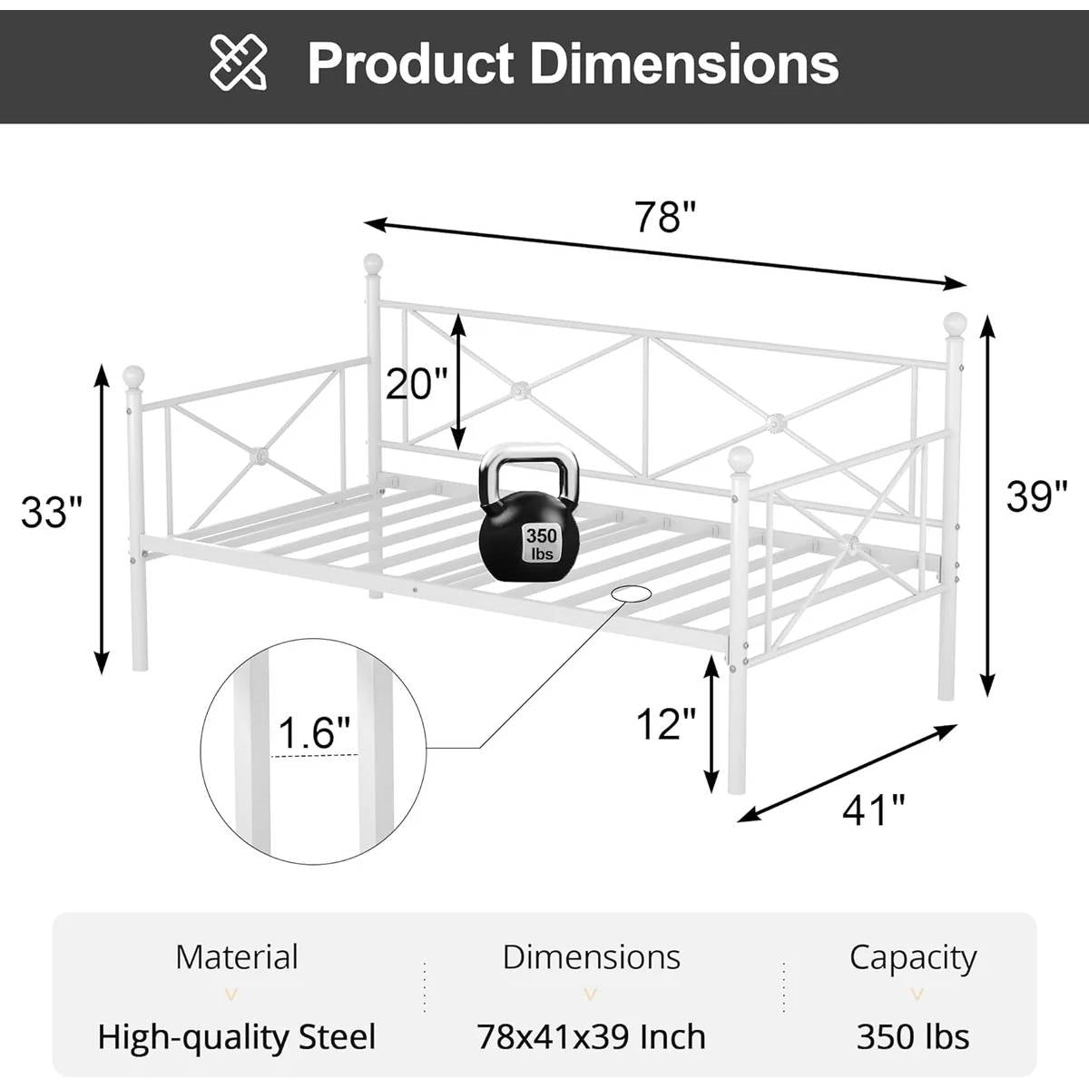 Base de cama nido de metal resistente tamaño individual con acabado blanco clásico