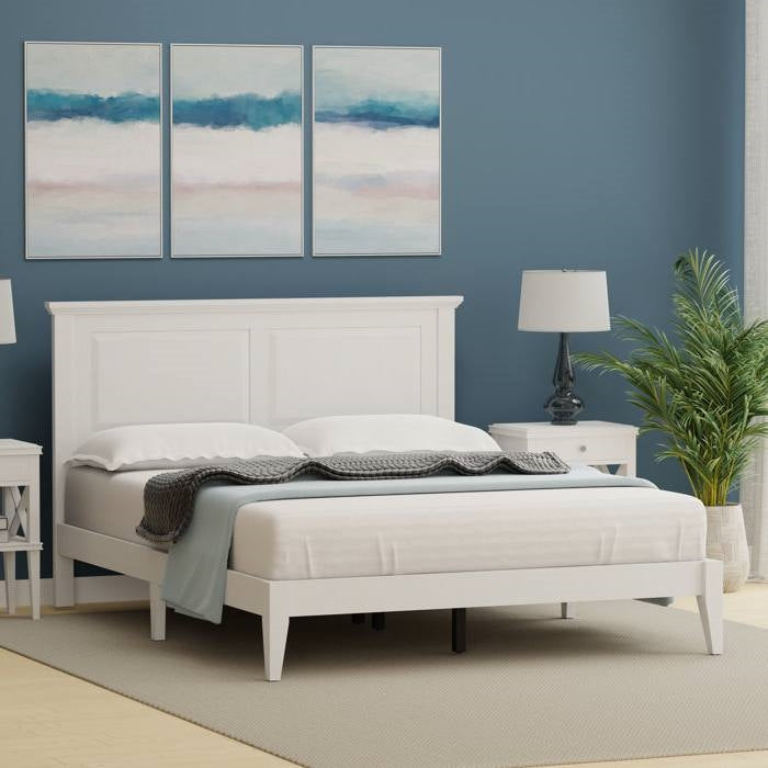 Cama Plataforma de Madera Maciza de Roble Tradicional Queen con Cabecero en Blanco