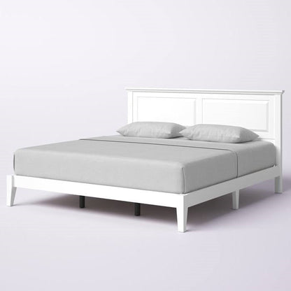 Cama King con plataforma de madera maciza de roble tradicional con cabecero en color blanco