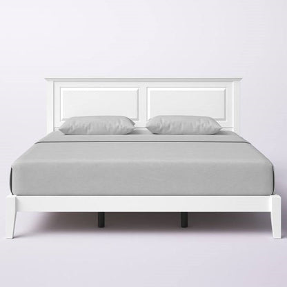 Cama King con plataforma de madera maciza de roble tradicional con cabecero en color blanco
