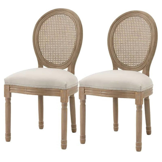 Juego de 2 sillas de comedor vintage sin brazos con respaldo de ratán tapizadas en blanco beige
