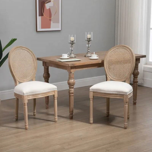 Juego de 2 sillas de comedor vintage sin brazos con respaldo de ratán tapizadas en blanco beige